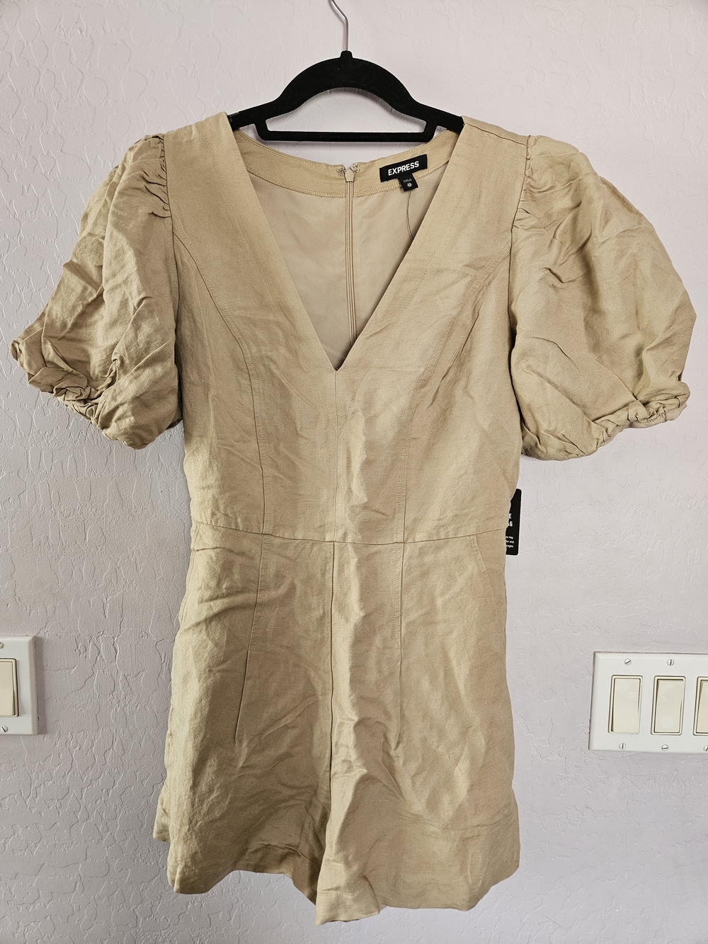 Express Tan Puff-Sleeve Mini Dress Romper
